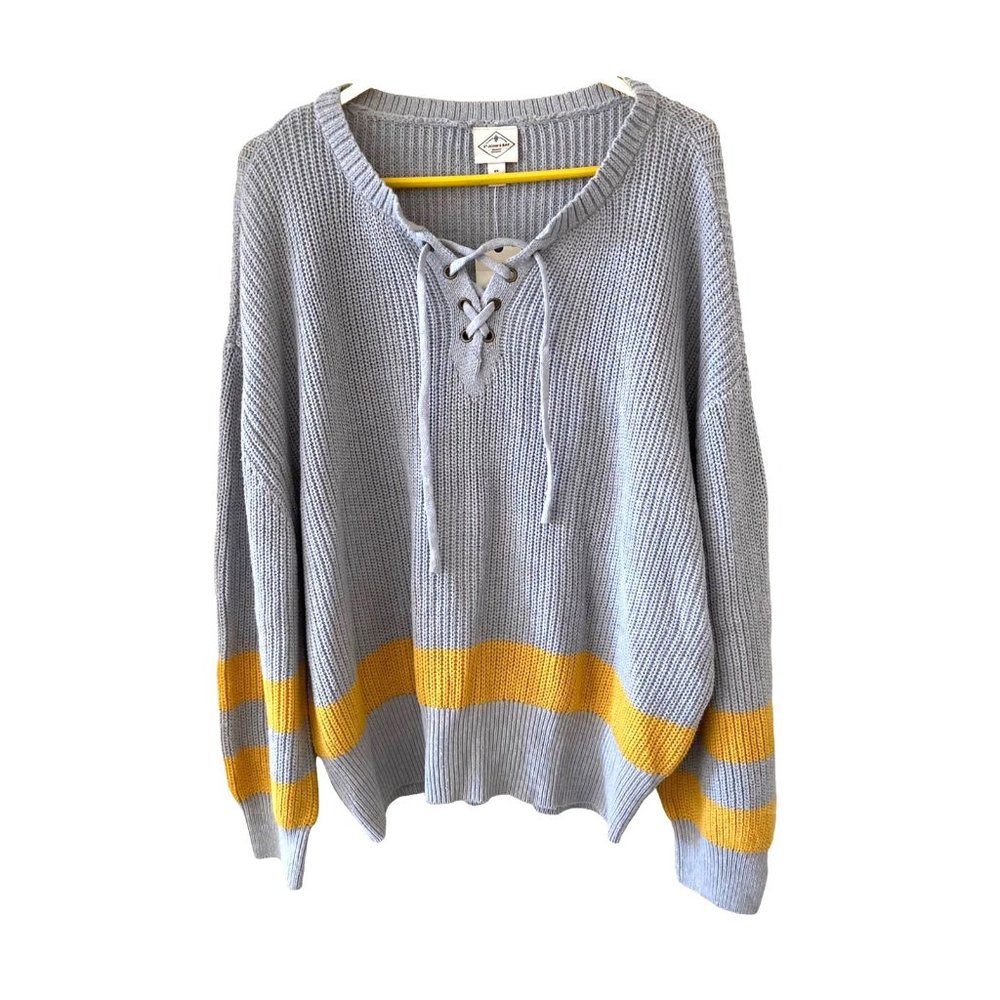 St. John’s Bay Gray With Gold Stripe Sweater Women’s 2X Lace Tie Front NWT